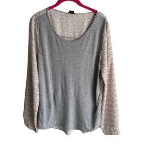 ANN TAYLOR Mixed Media Viscose Gray Pink Geometric Round Neck Ladies Blouse, L